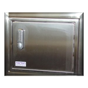 Stainless steel transfer hatch with key pad access door